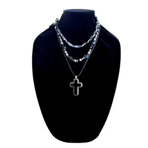 Free People Layered Necklace – Black & Silver Multi‑Strand (NWT)